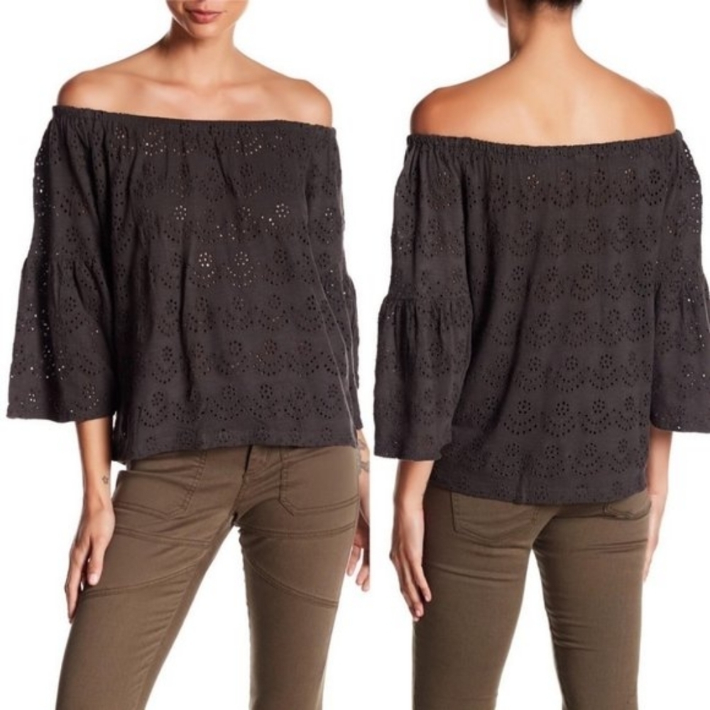 Lucky Brand Off-Shoulder Eyelet Blouse - Dark Brown